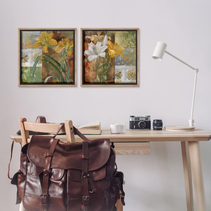 Stupell Lilies & Vintage Tile Patterns Framed Floater Canvas Wall Art Design By Sasha (Set of 2)