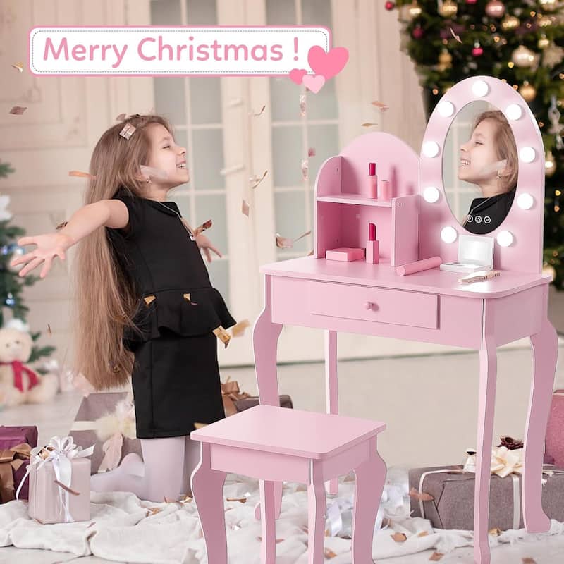 Kids Vanity Dressing Table Toy, Princess Makeup Desk Set with Light