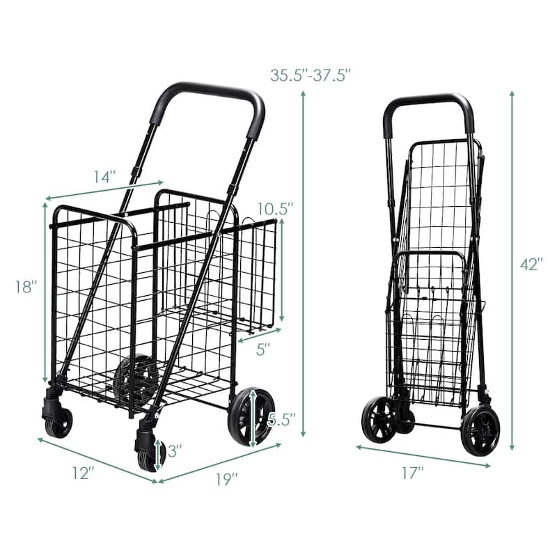 Lightweight Folding Shopping Cart with Double Basket and Adjustable Handle on Wheels - 17" x 19" x 35"/37.5" (L x W x H)