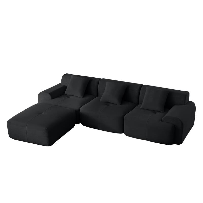 Modular 3-Seater Sofa Floor-standing Couch with Movable Ottoman, 113" L-Shaped Sectional Sofa for Living Room, Black