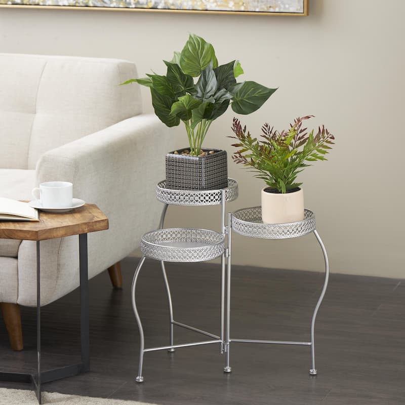 Metal Curved Folding 3 Tier Indoor Outdoor Plantstand with Floral and Scroll Patterns - Gold, Black, Silver - Roche River Decor