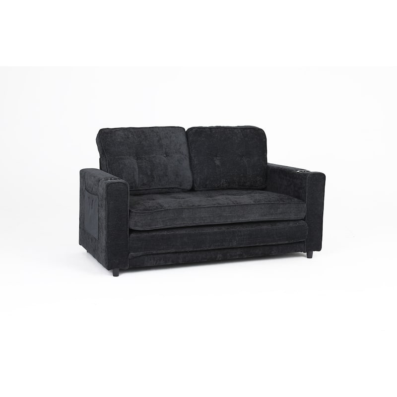 Sofa Bed with Pull-Out Straps, Velvet Sleeper Sofa with Side Storage Bags, Convertible Lounge Chaise Loveseat Daybed