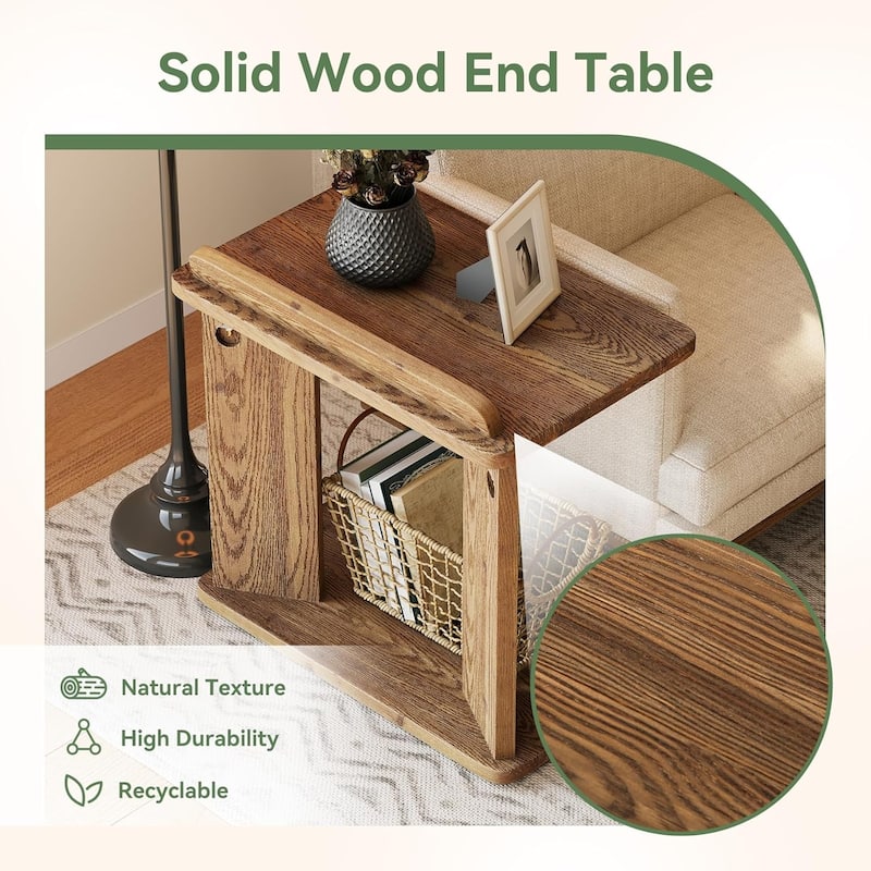 Solid Wood C-Shaped Side Table with Book Groove & Holder, Farmhouse Wooden End Table