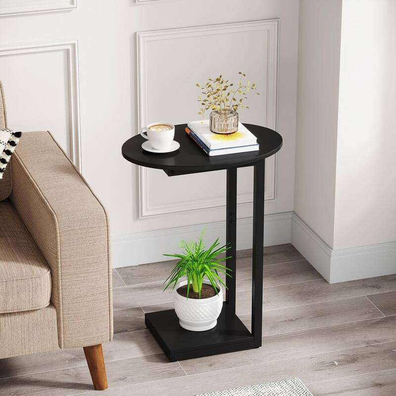 Small Side Table End Table, C-Shaped Wood Coffee Table