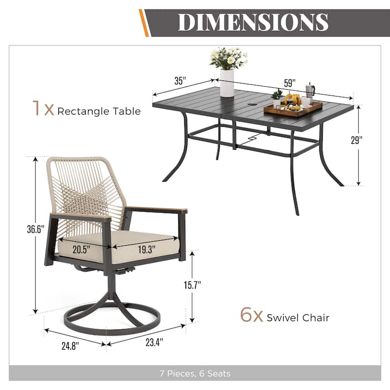 MAISON ARTS 7 Pieces Outdoor Patio Dining Set with Dining Table and Cushioned Woven Rattan Dining Chairs