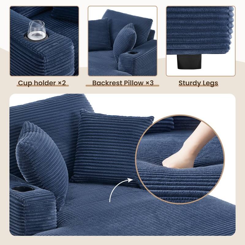 Chaise-Style Corduroy Sofa with Cup Holders and 3 Back Cushions - Reclining Lounge Design
