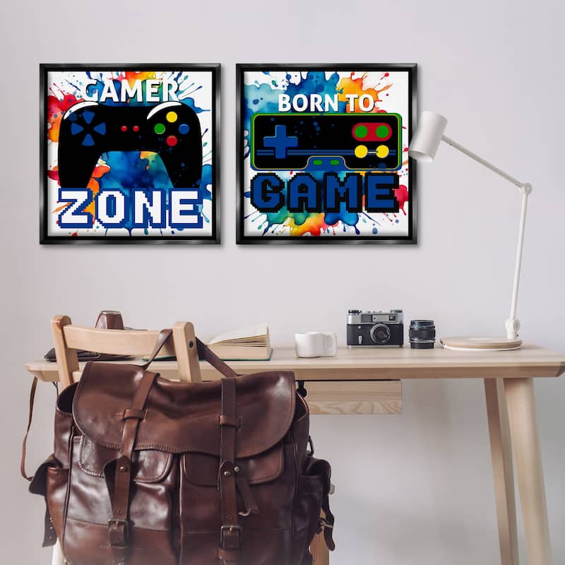 Stupell Gamer Zone on Splash Framed Floater Canvas Wall Art Design By Kim Allen (Set of 2)