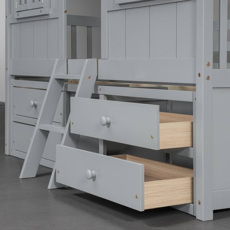 Full House-Themed Loft Bed with Ladder, Roof, Windows, Safety Rails and Storage Drawers for Kids