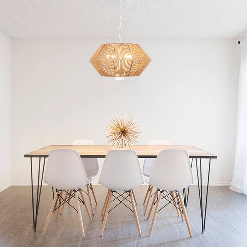 4-Light Dimmable Pendant Light, Paper Rattan Lampshade Candle Chandelier for Living Room with no bulbs included