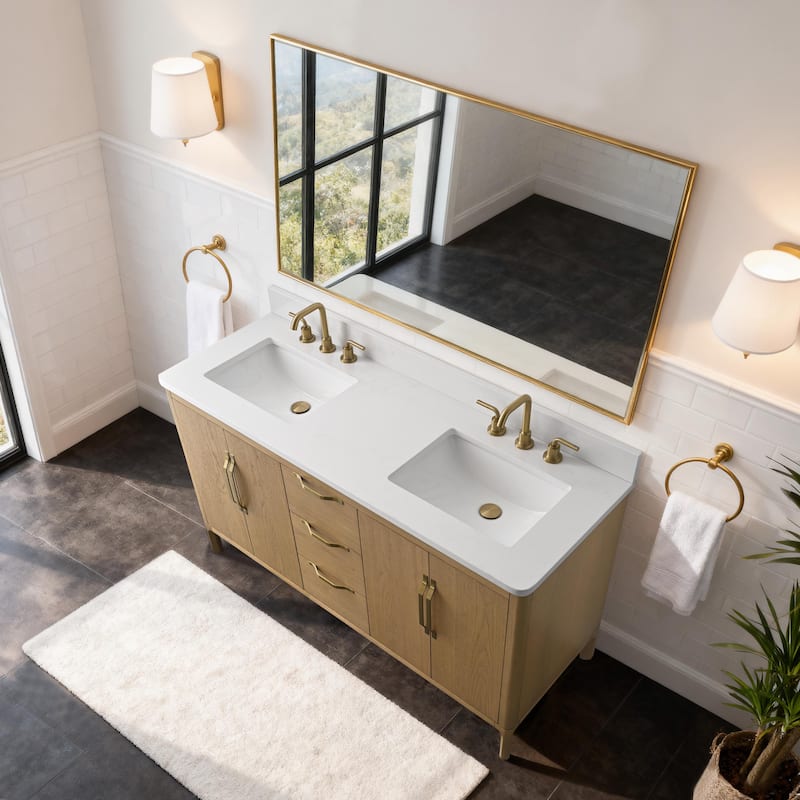 60" Freestanding Double-Sink Bathroom Vanity with Engineered Stone Top, Built-In Power Outlet, and Hair Dryer Storage