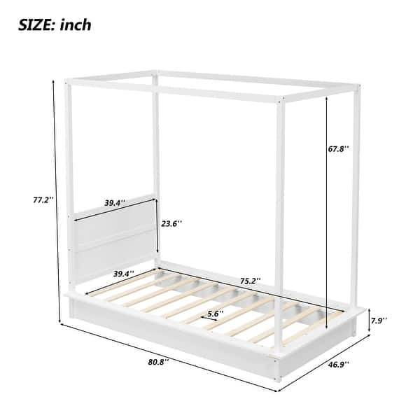 dimension image slide 1 of 4, Canopy Bed Frame with Headboard, 4 Posters Wooden Bed Frame, No Box Spring Needed, Mattress Foundation Platform Bed for Kids