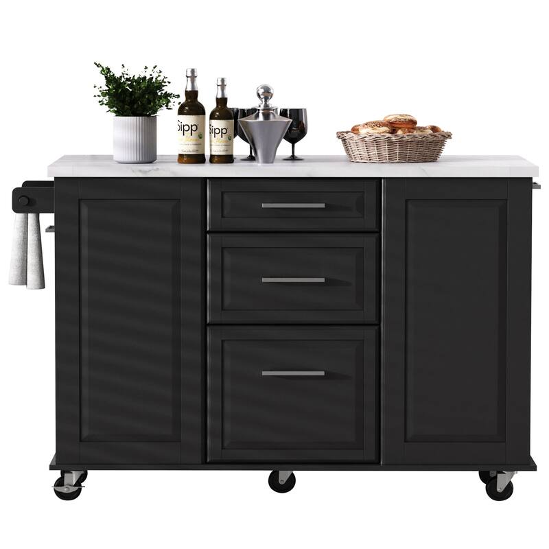 50.7" Kitchen Island with Drop Leaf, Pull Out Cabinet Organizer, Rolling Wheels, Trash Bin and 2 Drawers