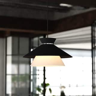 Loomis 1-Light Black Mid-Century Modern Pendant, White Glass Shade, Adj Height Ceiling Chandelier Dining Room Fixture