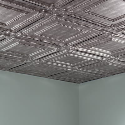 FASÄDE Coffer Decorative Vinyl 2ft x 2ft Lay in Ceiling Panel in Crosshatch Silver (5 Pack)