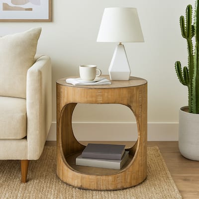 Roki Side End Table w Shelf, 22 Inch Natural Brown Pine Wood Round Top