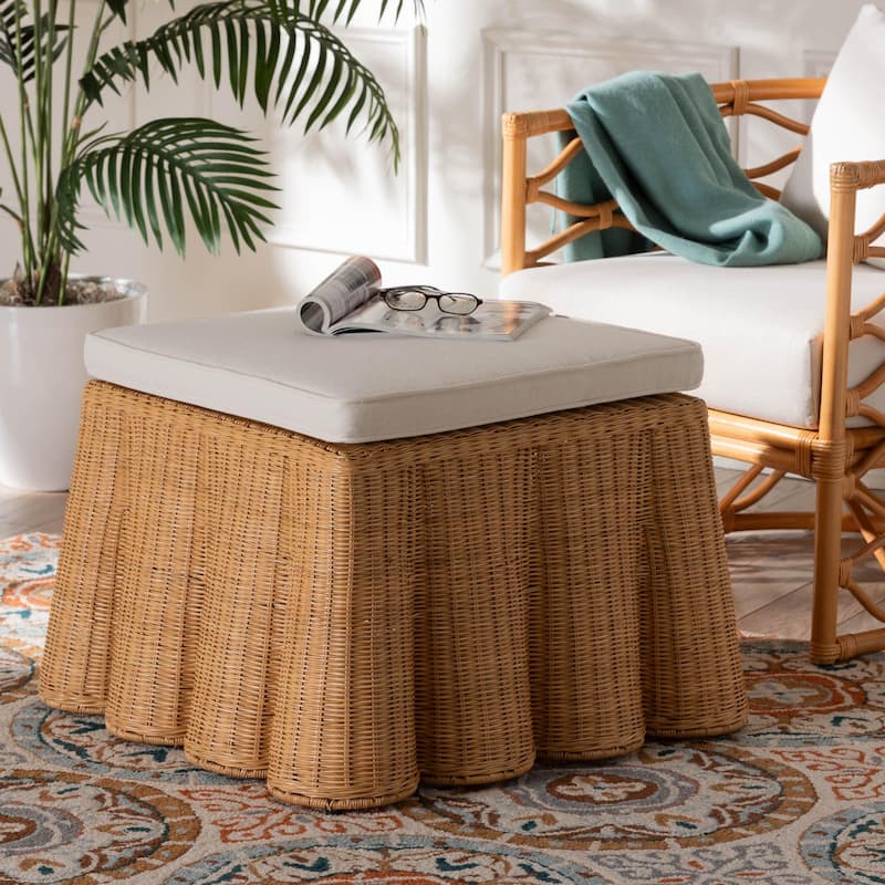 Palm Scallop Natural Rattan Ottoman with Cushion – Handwoven Wicker Accent Bench or Footrest for Living Room or Sunroom, Square