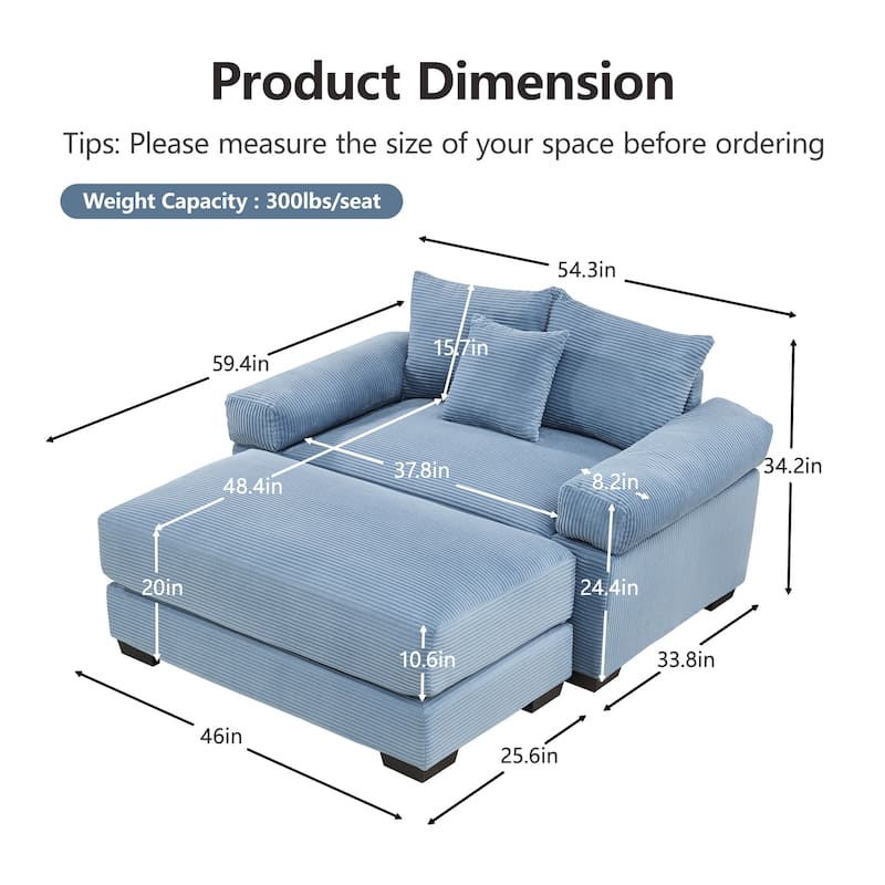 Oversized Chaise Lounge Corduroy Chair Indoor Single Sofa with Ottoman for Living Room Bedroom