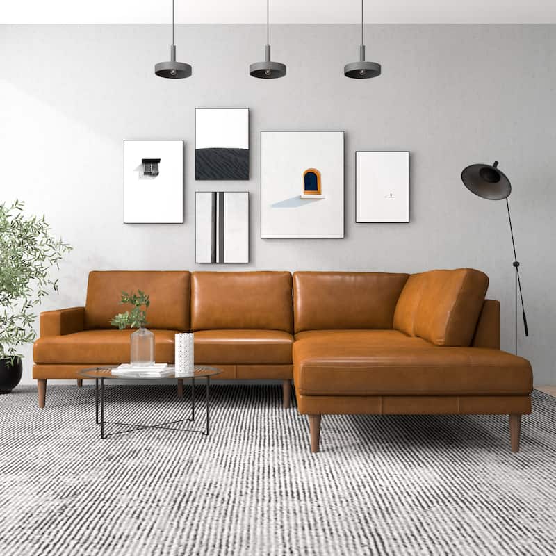 Hannah Mid-Century Modern Living Room Top Leather Corner Sectional Couch in Cognac Tan