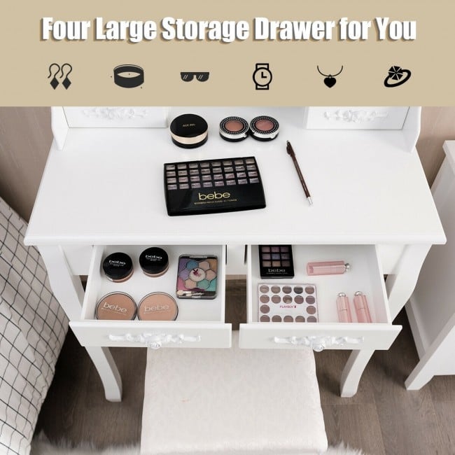Makeup Dressing Table with Touch Switch Lighted Mirror and Cushioned Stool - 29.5"(L) x 16"(W) x 57"(H)
