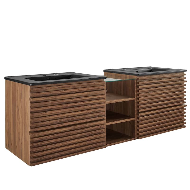 Render 62" Wall-Mount Double Sink Bathroom Vanity - Walnut Black