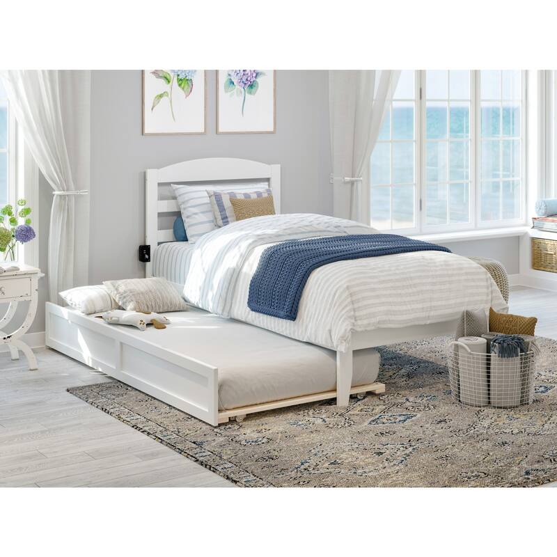 Twin Platform Bed with Trundle & Charging Station - White Wood & Veneer Frame