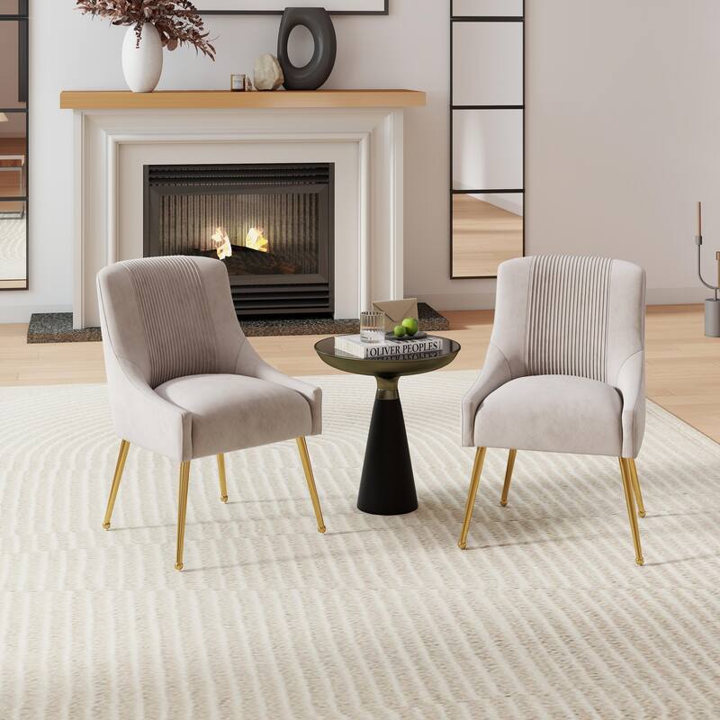 SEYNAR Modern Glam Boucle Pleated Velvet Dining Chair or Vanity Chair Set of 2 with Rear Handle - Grey