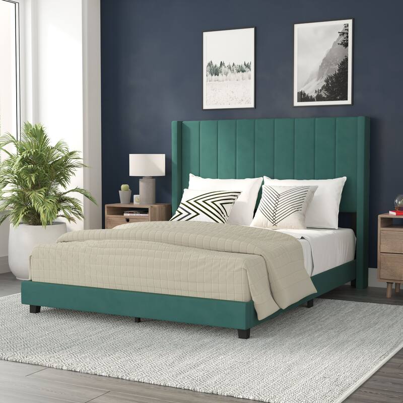 Upholstered Platform Bed with Wingback Headboard - Emerald Velvet - Queen