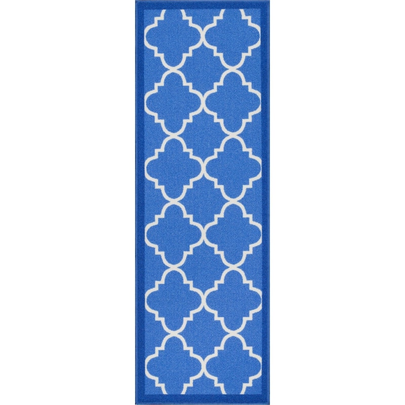 Well Woven Modern Bold Lattice Non-Skid Backing Runner Rug - 2' x 7' - 2' x 7' - Blue/Off-white