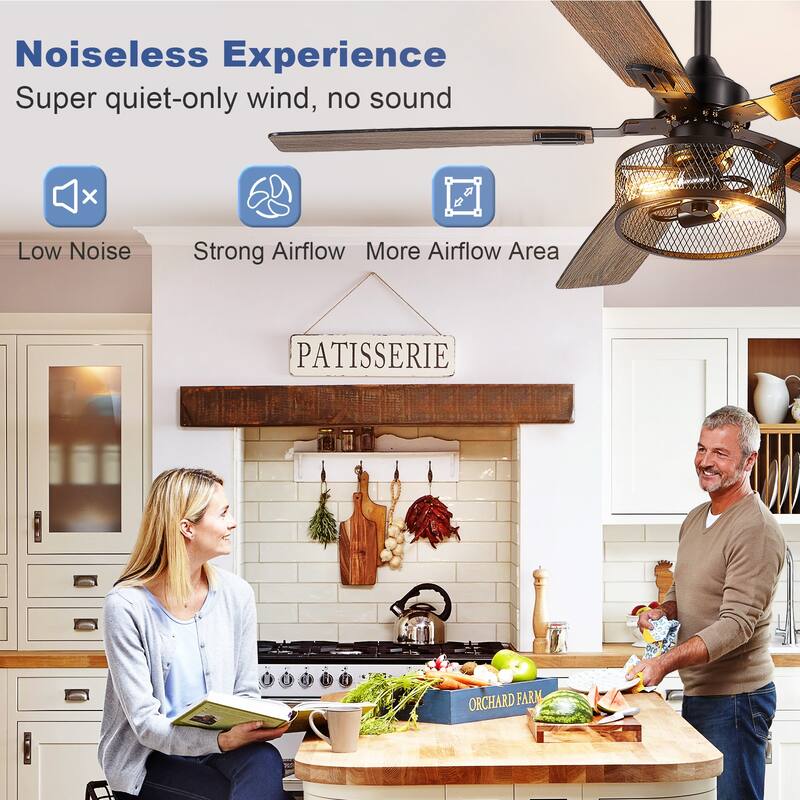 42-52Inch Caged Ceiling Fans with Lights: Dual Finish 5 Blades - Rustic with Remote Control (E26 Bulb Included)