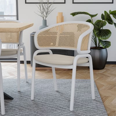 Euston Modern Mid-Century Leather Dining Chairs with Wicker Back in Steel Frame - Accent Armchair for Home Office & Kitchen