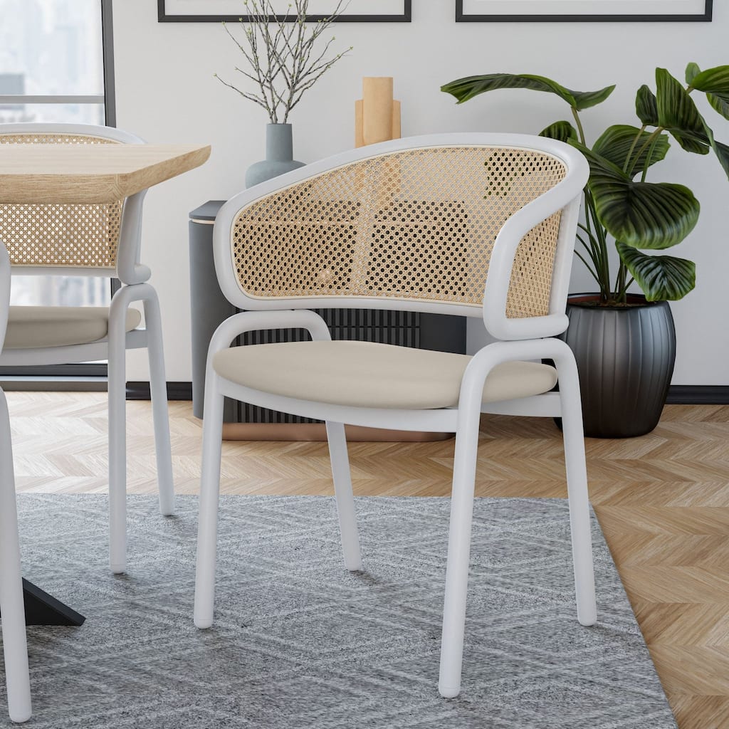 Euston Modern Mid-Century Leather Dining Chairs with Wicker Back in Steel Frame - Accent Armchair for Home Office & Kitchen