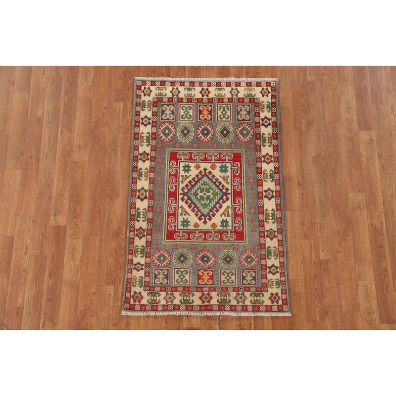 Geometric Grey Kazak Foyer Rug Handmade Wool Carpet - 2'7" x 4'2"