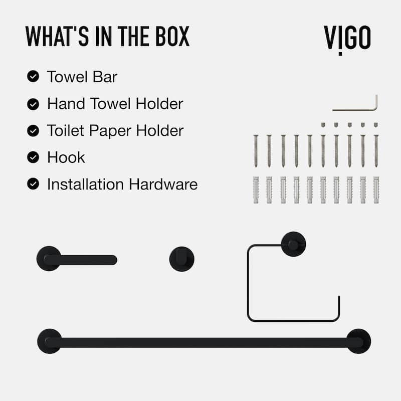 VIGO Arden 4-Piece Bathroom Hardware Accessory Set with 24 in. Towel Bar, Toilet Paper Holder, Hand Towel Holder, Hook