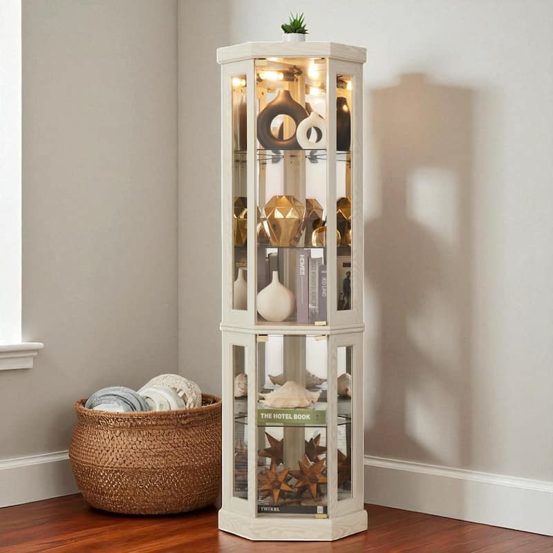 Lighted Corner Curio Cabinet with Glass Doors, Adjustable Shelves & Mirrored Back, Elegant Display Case for Collectibles