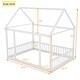 preview thumbnail 20 of 37, Full Size Floor Wooden House Bed with House Roof Frame and Safety Guardrails For Home