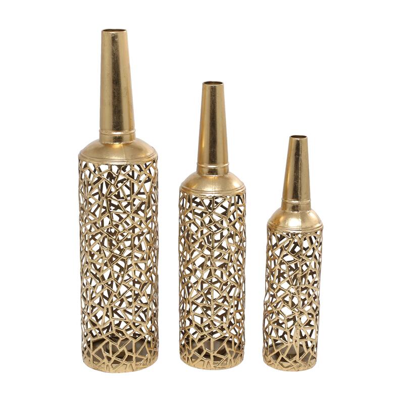 The Novogratz Gold Metal Abstract Patterned Decorative Vase with Open Frame Design (Set of 3) - 30, 25, 21"H