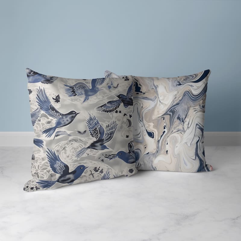 Silver And Blue Inferno Songbirds Indoor/Outdoor Throw Pillow Zipper