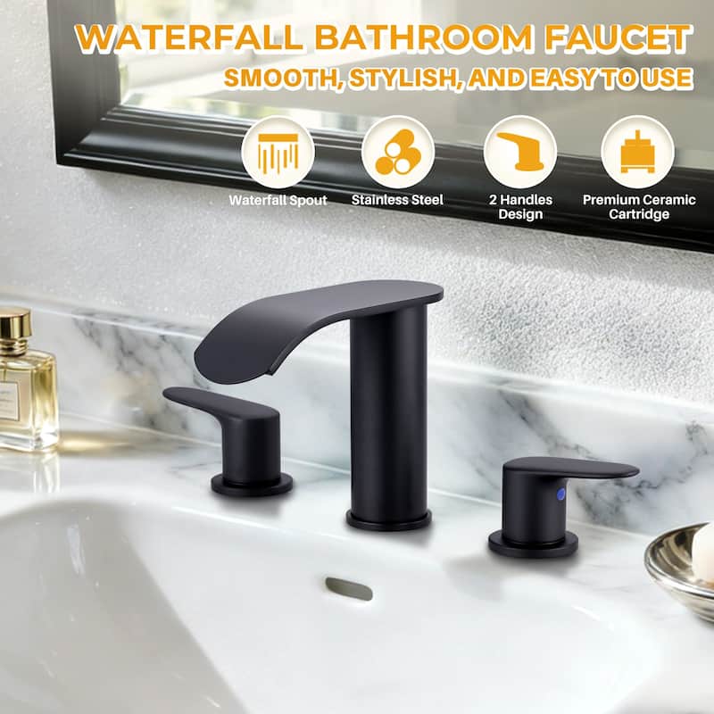 WOWOW 8 in.Double Handle Waterfall Bathroom Faucet with Pop-up Drain