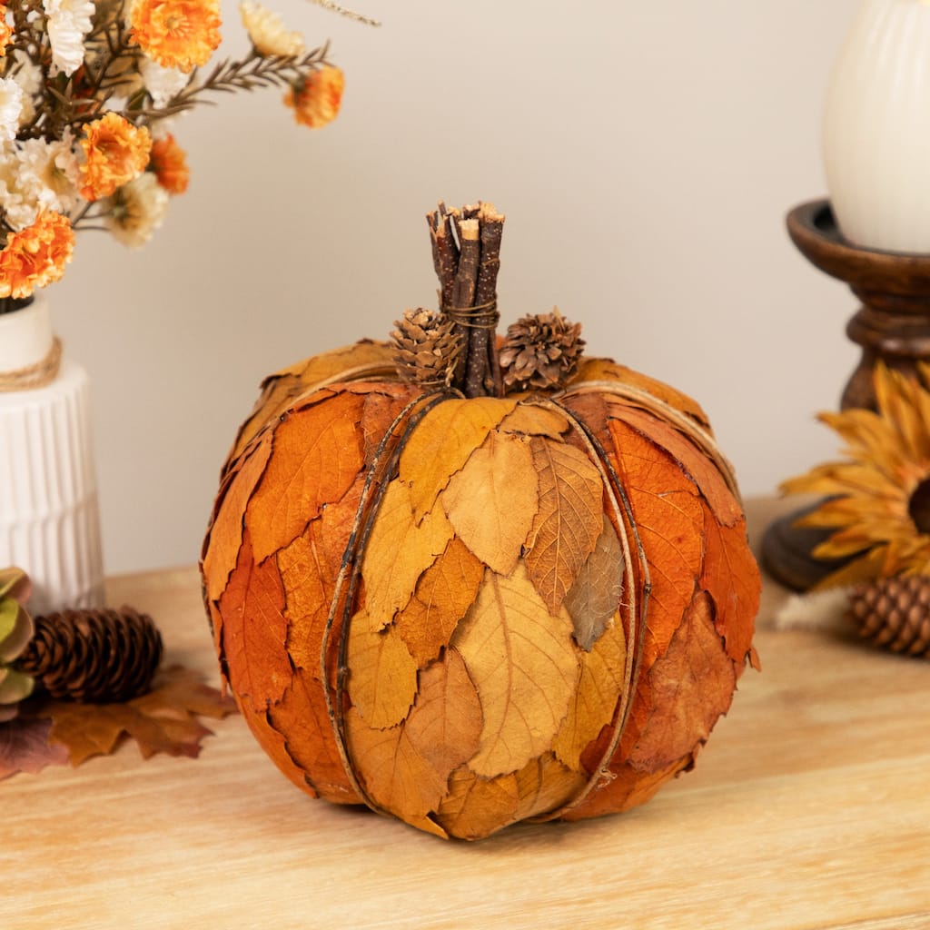 Layered Leaves and Twigs Fall Harvest Pumpkin with Pinecones - 7.5" - Orange