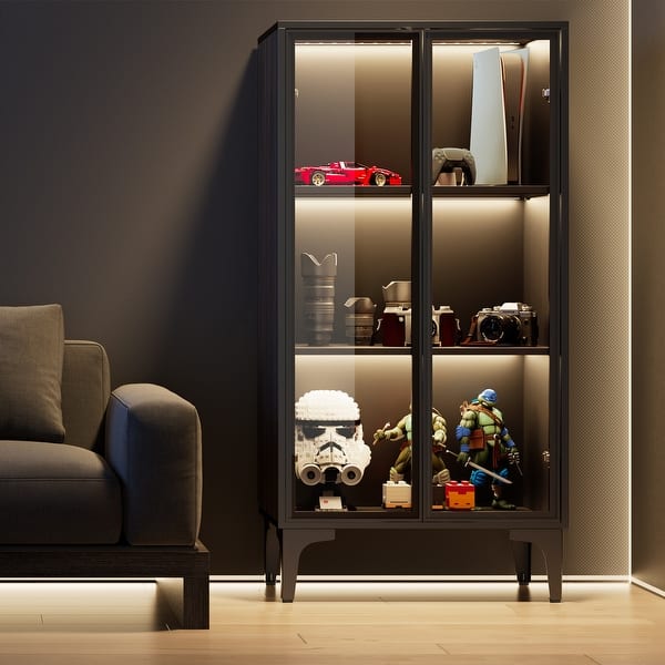 23" Farmhouse Double Glass Door Solid Wood Display Cabinet with LED Light & Ajustable Shelves
