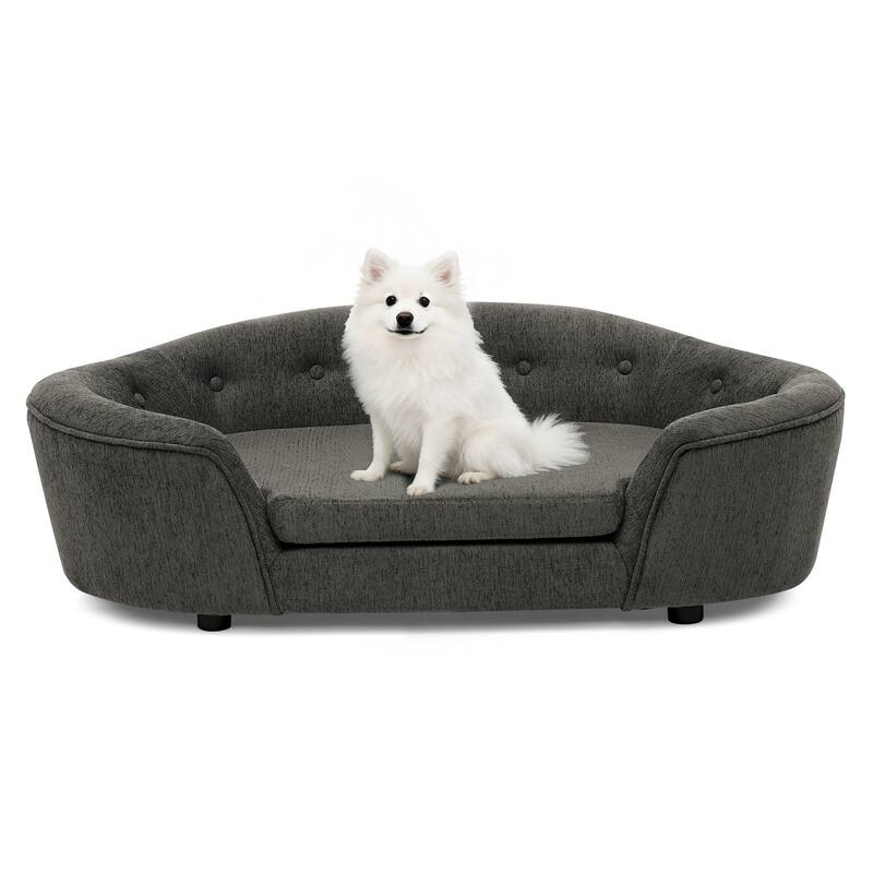 Oval Semi-Enclosed Dog Sofa, Durable Linen Material, Button-Tufted Backrest, High-Center Low-Sides Support Plush Comfort-Beige