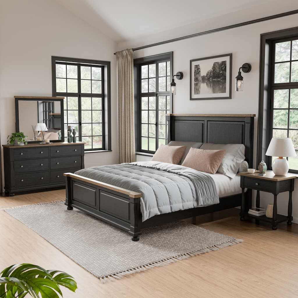 Furniture of America Lucan Modern 4-Piece Farmhouse Black Solid Wood Panel Bedroom Set