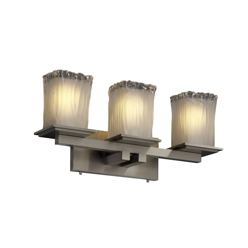 Justice Design Veneto Luce Montana 3-light Brushed Nickel Bath Bar, White Frosted Square - Rippled Rim Shade - Brushed Nickel