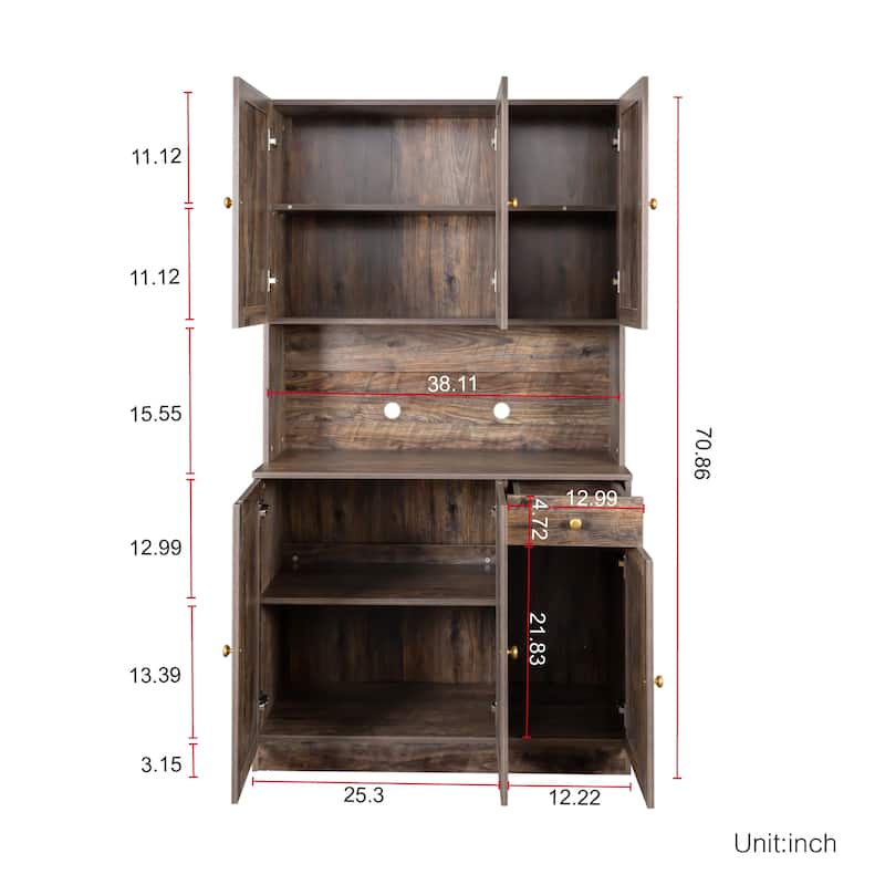 Rustic Kitchen Pantry Cabinet with 6-Doors, 1-Open Shelves and 1-Drawer