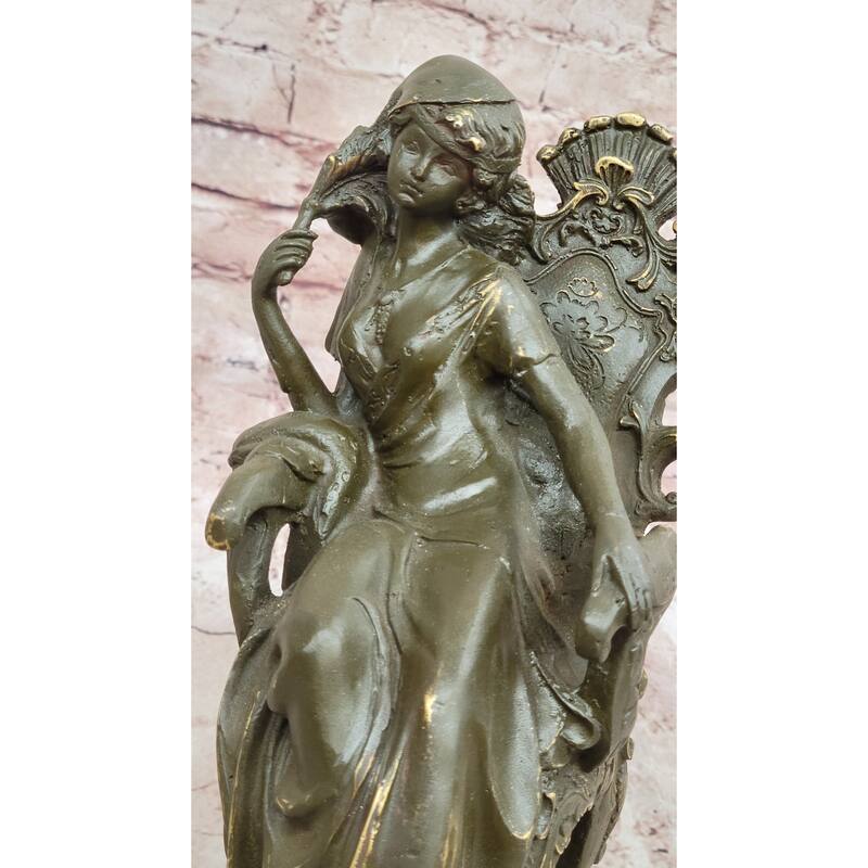 Seated Lady In Ornate Chair Bronze Sculpture On Marble Base