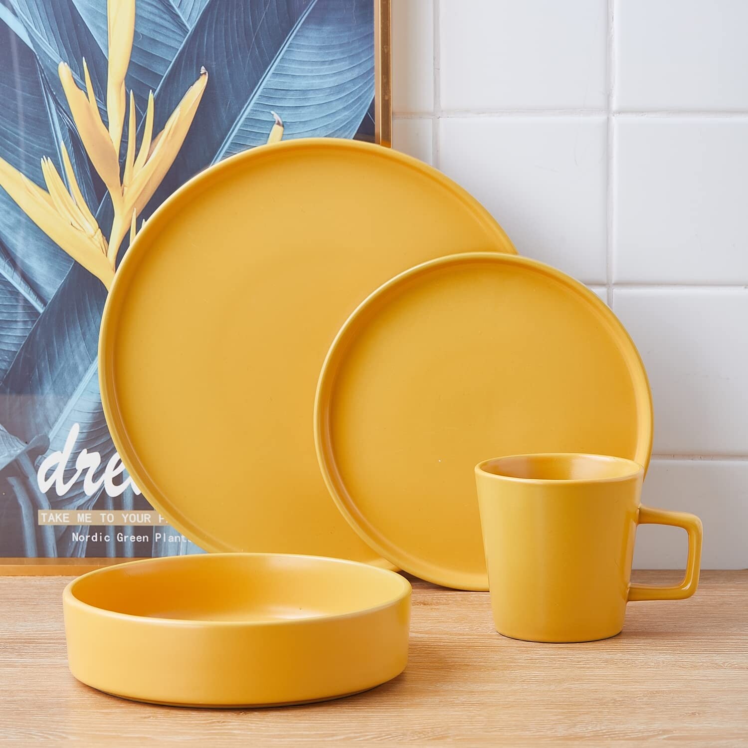 Cleo Stoneware Dinnerware Set, 16-Piece Service for 4, Yellow - On