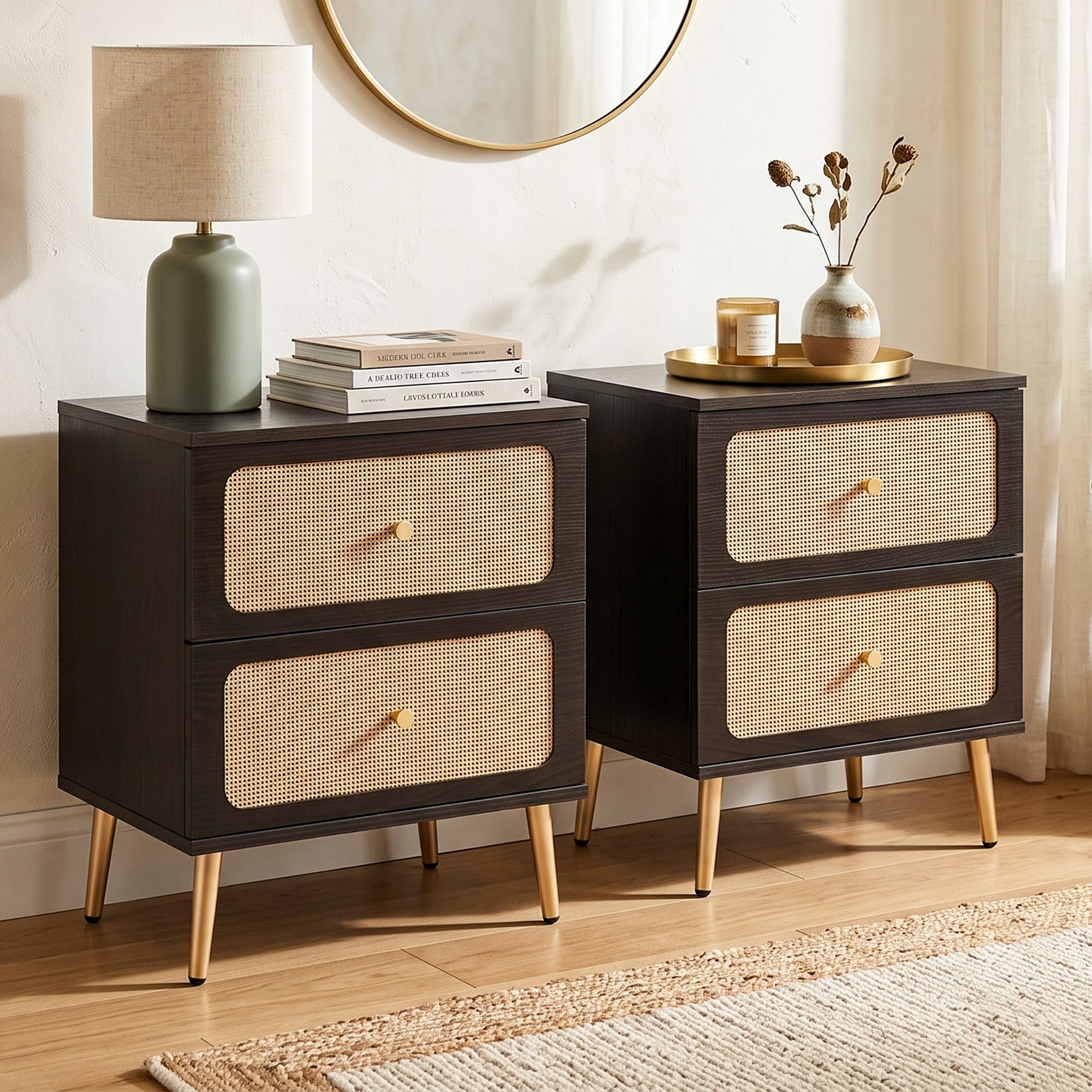 Mid-Century Modern Solid Wood Rattan Nightstand with 2 Drawers