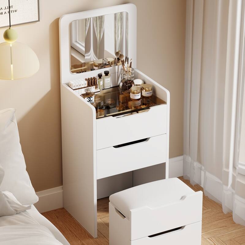 3-in-1 Small Makeup Table Set with Glass Top 3 Drawers, Stool