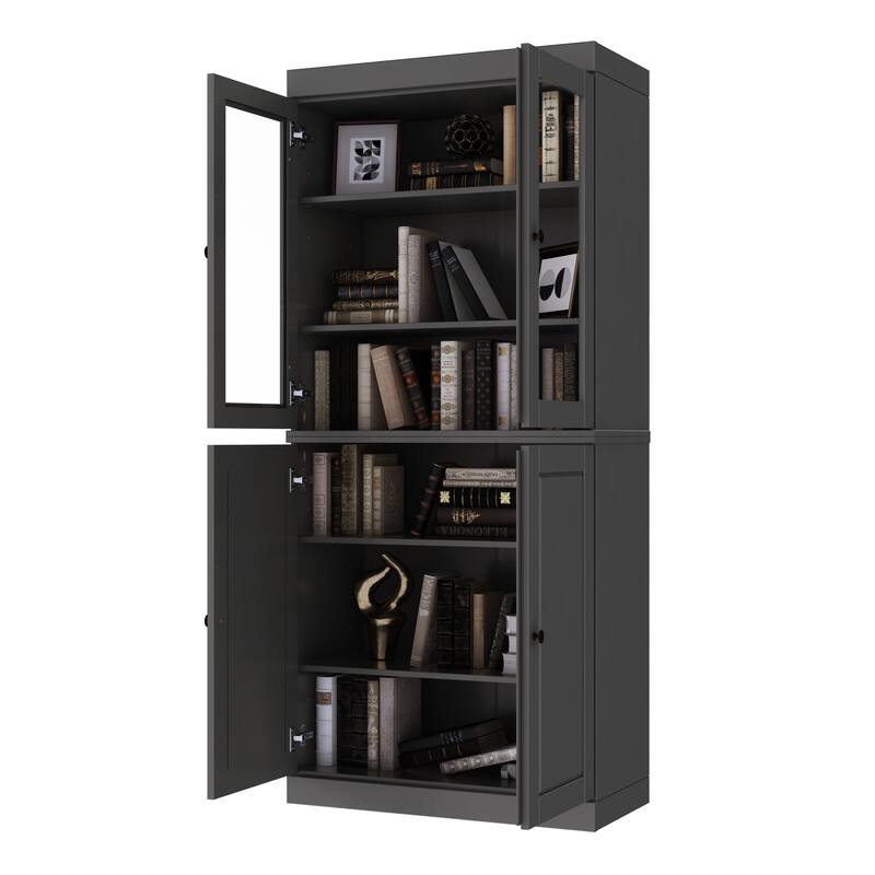 Palace Imports Solid Wood 6-Shelf Bookcase, Raised Panel Clear Glass Doors, Adjustable Shelves