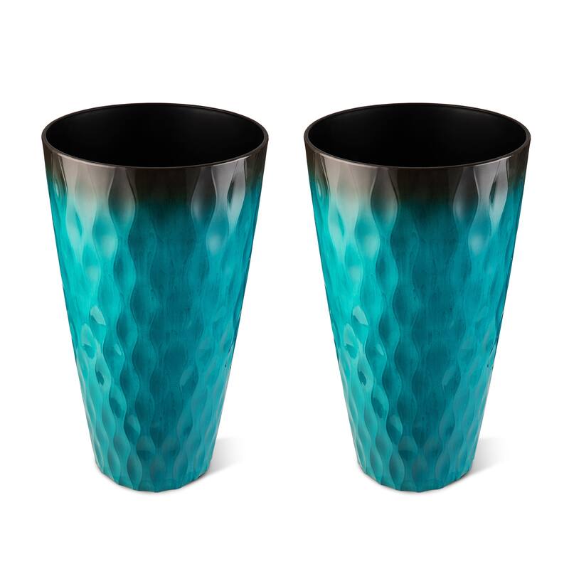 Glitzhome 23.75"H Set of 2 Oversized Wavy Texture Cobalt Blue/Turquoise/Red Tall Plastic Planter